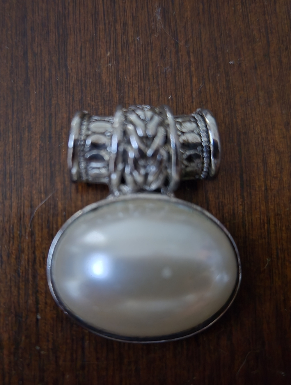 Silver-Tone Pendant with Pearl-Like Oval Cabochon